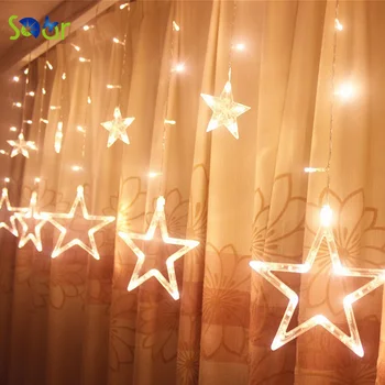 

12 Star Led String Curtain Lights 220V Waterproof 8 Modes Linkable 138pcs Warm White Led Lights for Christmas Halloween Indoor