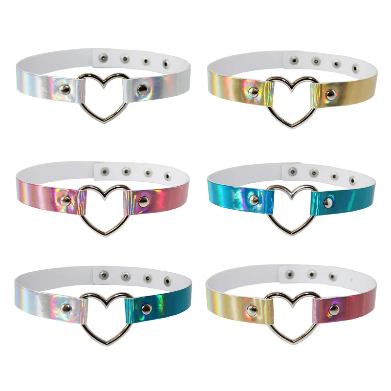 Europe and America Harajuku Laser Heart Love Collar Necklace Fashion Sexy Punk Gothic Adjustable Leather Belt Festivals Jewelry