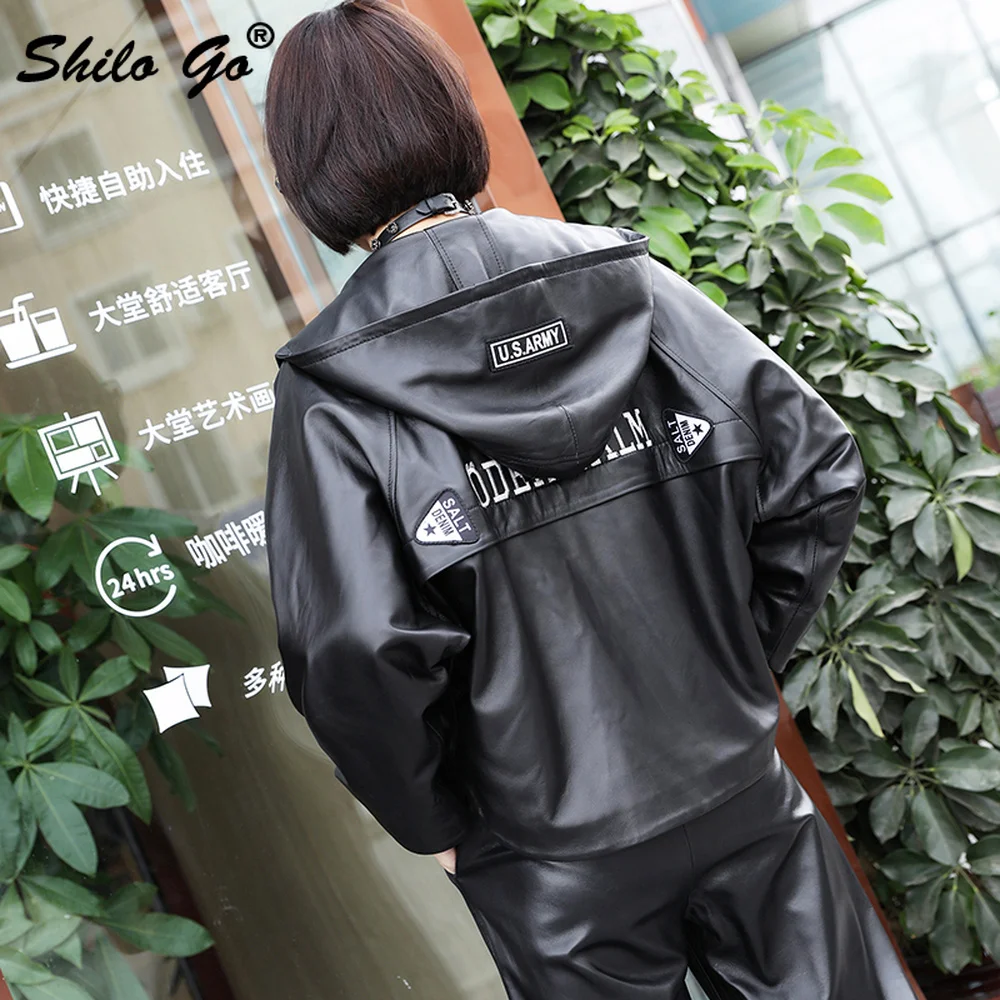 Genuine Leather Jacket Casual Hooded Batwing Sleeve Zip Sheepskin Coat Women Autumn Winter Highstreet Plus Size Outwear Female