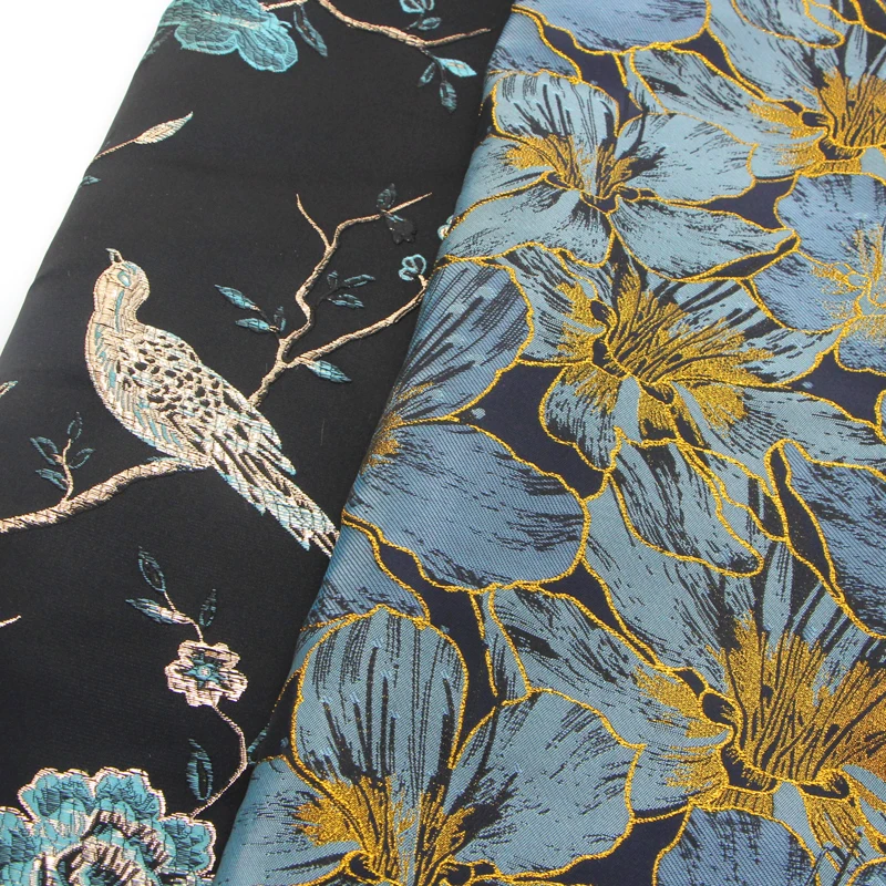 

Free shipping Tree birds to blue damask brocade width 140 cm half a metre to sell household cloth art DIY craft fabrics