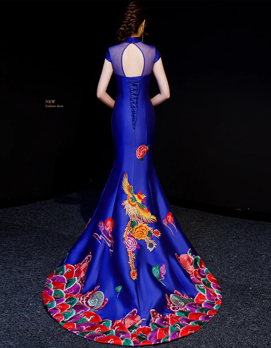 Синее китайское традиционное платье современный Ципао свадебное Cheongsam длинное вечернее платье вечерние сексуальные спинки vestido