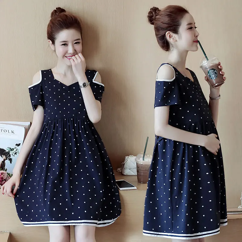 

2019 Korean Version of Sweet Short Sleeve Maternity Dress Shoulder-length Fashion Maternity Dress White Maternity Dress