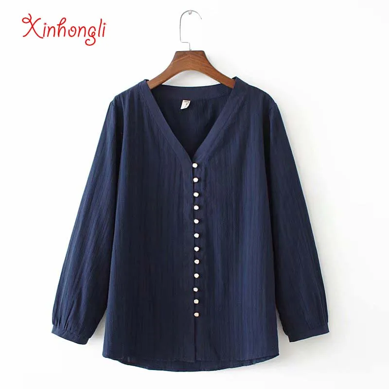 

Plus size button v-neck women solid navy blouse 2020 new spring autumn cotton office ladies white shirt female tops oversize red