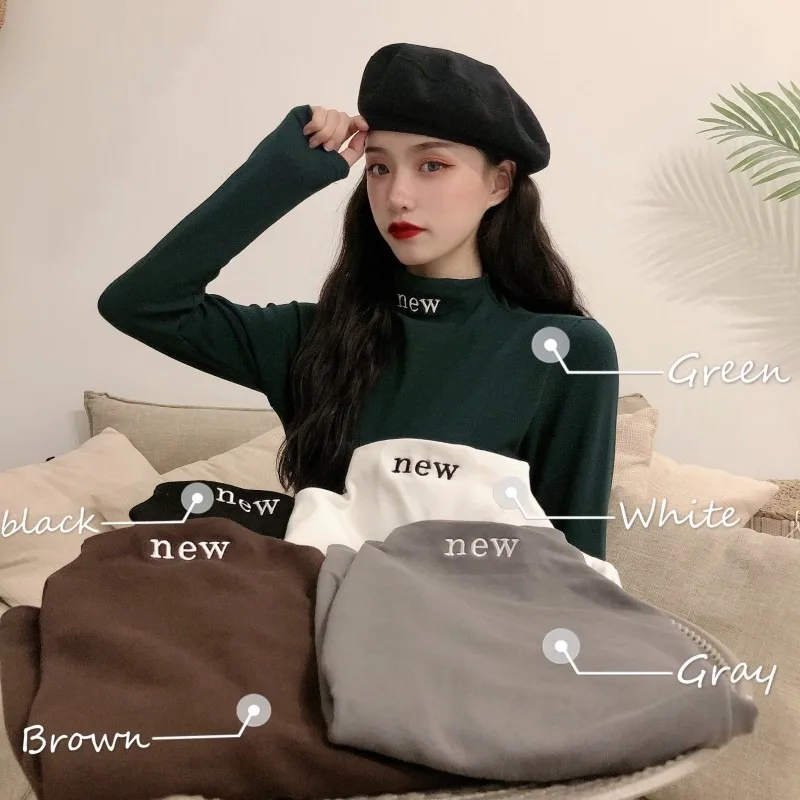 

New 2020 Autumn Women's Long Sleeve T-shirt Versatile Wear Half High Neck Slim Bottoming Turtleneck Casual Fashion Tops