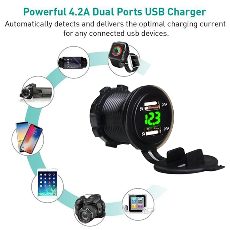 4.2A автомобиля 2 Порты и разъёмы Dual USB зарядное устройство адаптер гнездо для автомобильного прикуривателя светодиодный вольтметр с Водонепроницаемый Крышка для DC 12 V-24 V автомобилей транспортных средств