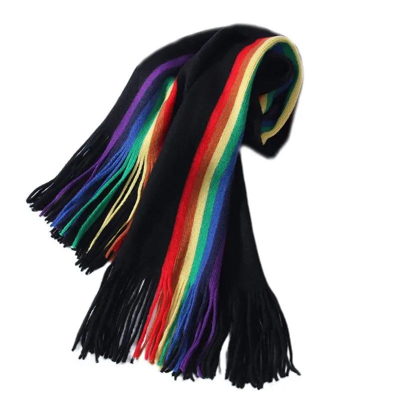 190x40 см Пашмина для женщин и девочек, Радужный вертикальный полосатый лоскутный большой шарф, шаль с кисточками, зимнее теплое одеяло - Цвет: Черный