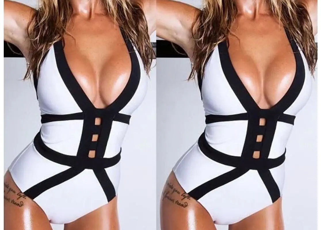 

2018 New Style Plain Color Black And White Stitching One-piece Bikini Hot Selling