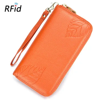 

Zipper Wallet Long Women Rfid Ladies Genuine Leather Embossed Leaves Large Capacity multi-function Real Leather Clutch Bag