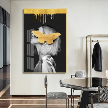 

DDHH Wall Art Canvas modern Figure portrait Painting Wall Picture Beauty and butterfly Print For Living Room Home Decor No Frame