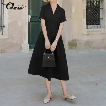 

Celmia Summer Sundress 2020 Women Short Sleeve V-neck Long Shirt Dress Female Buttons Pleated Vintage Midi Vestidos Plus Size