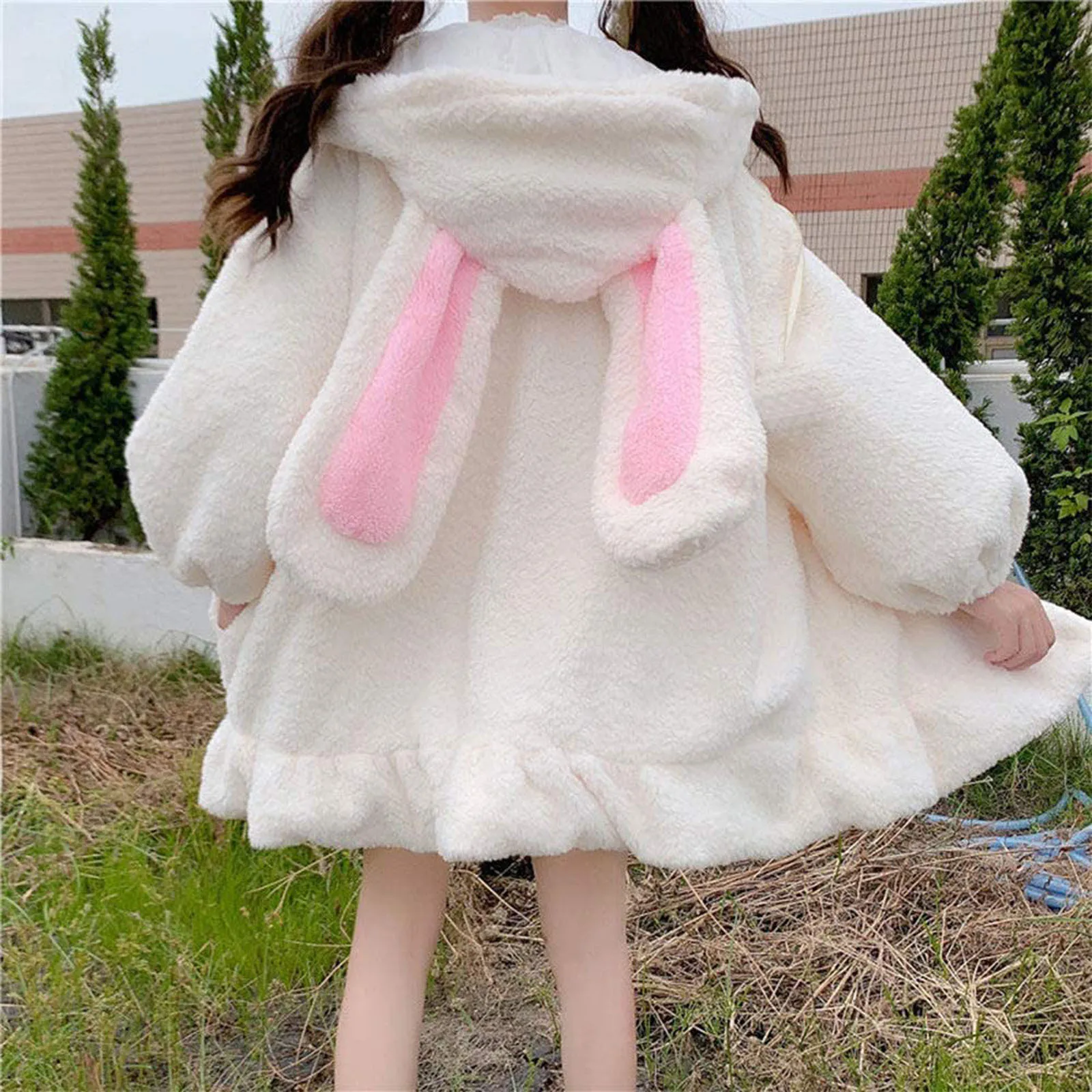 Kawaii Hoodies Women Lolita Winter Warm Lambswool Oversized Sweatshirt Cute Bunny Ears Long Sleeve Zip Up Hooded Fleece Jacket