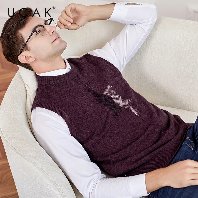 50% OFF UCAK Brand Pure Merino Wool Sweater Vest 2019 New Arrival Casual Autumn Winter Pull Homme Streetwear Warm O-Neck Sweaters U3112