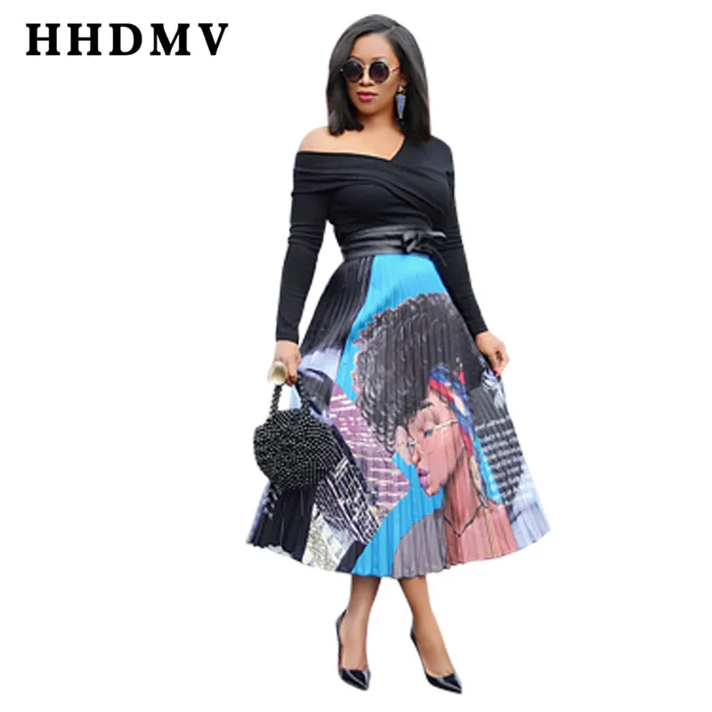 

HHDMV 2019 summer women elastic pleated skirt printed street wind skirt colorful ankle-length long skirt GLD18277