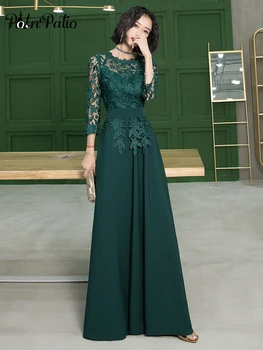

Elegant Evening Dresses Long 2019 O-neck A-line Floor-length Green Prom Gowns With 3/4 Sleeves Plus Size Women Formal Dresses