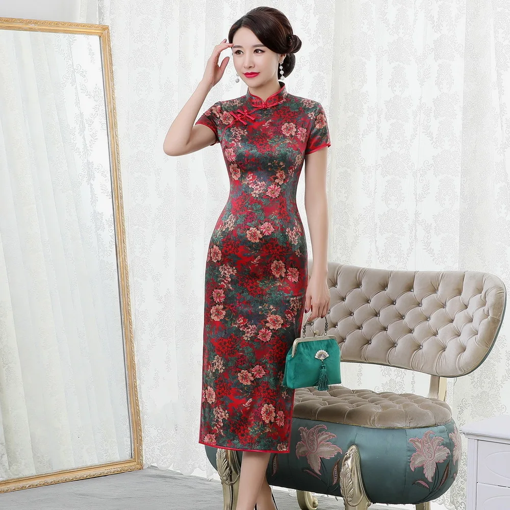 Новое шелковое осеннее платье cheongsam 2009, модное классическое платье cheongsam с раздробленной нитью, красная юбка с большим цветком