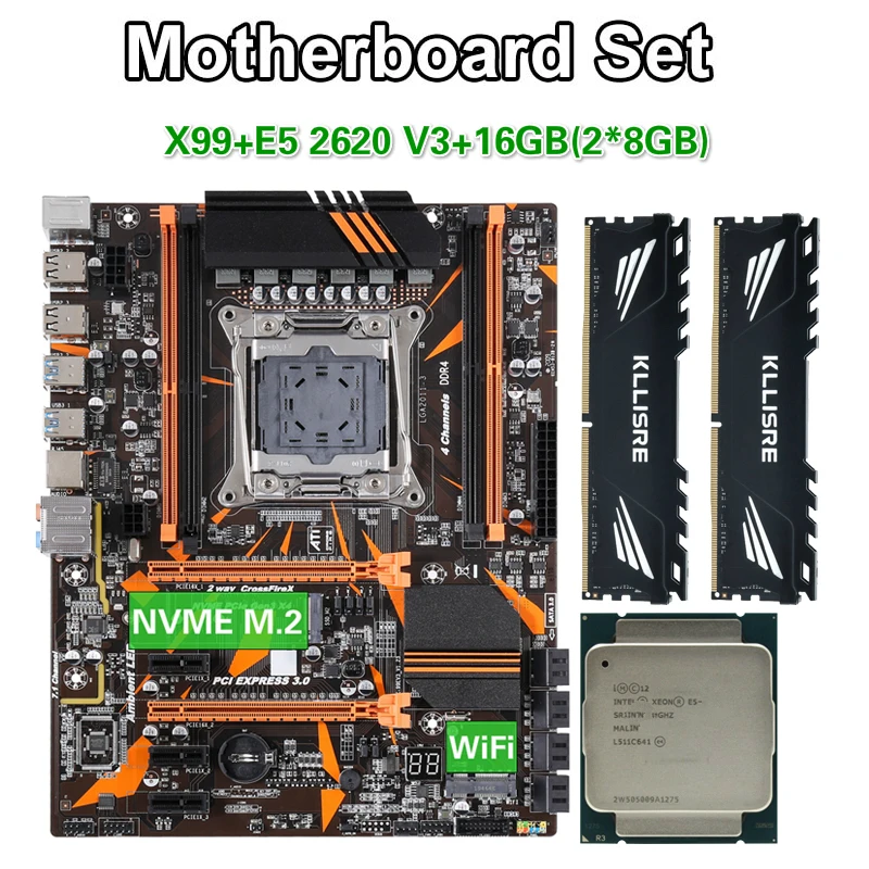 Комплект из материнской платы Kllisre X99 D4 процессор Xeon E5 2011 V3 LGA 2620-3 2X8 ГБ = 16 Гб 2400 МГц
