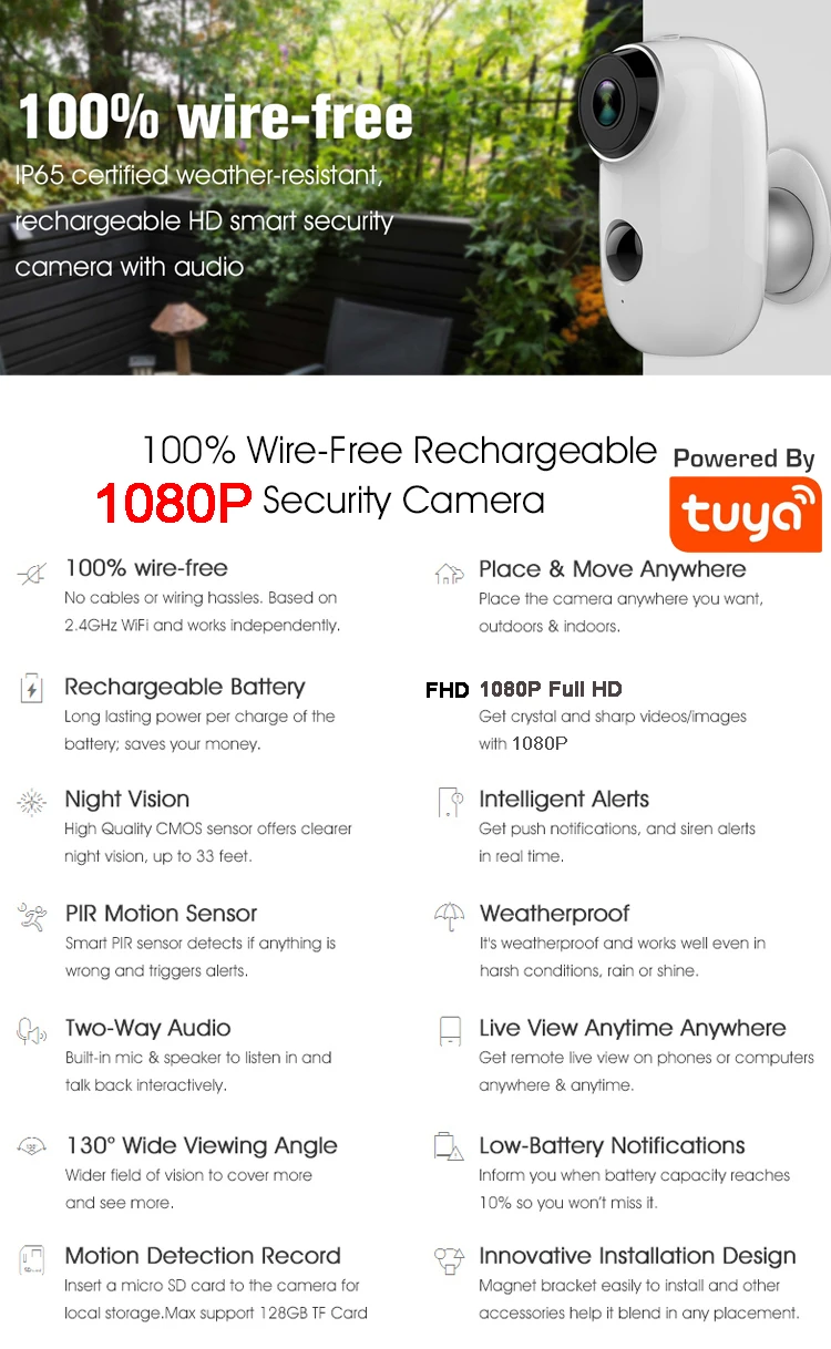 1080P Tuya Smart 6000MAH с питанием от аккумулятора IP65 водонепроницаемая беспроводная WiFi уличная ip-камера безопасности Smart Life APP