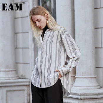 

[EAM] Women Black Striped Split Big Size Blouse New Lapel Long Sleeve Loose Fit Shirt Fashion Tide Spring Autumn 2020 1M398