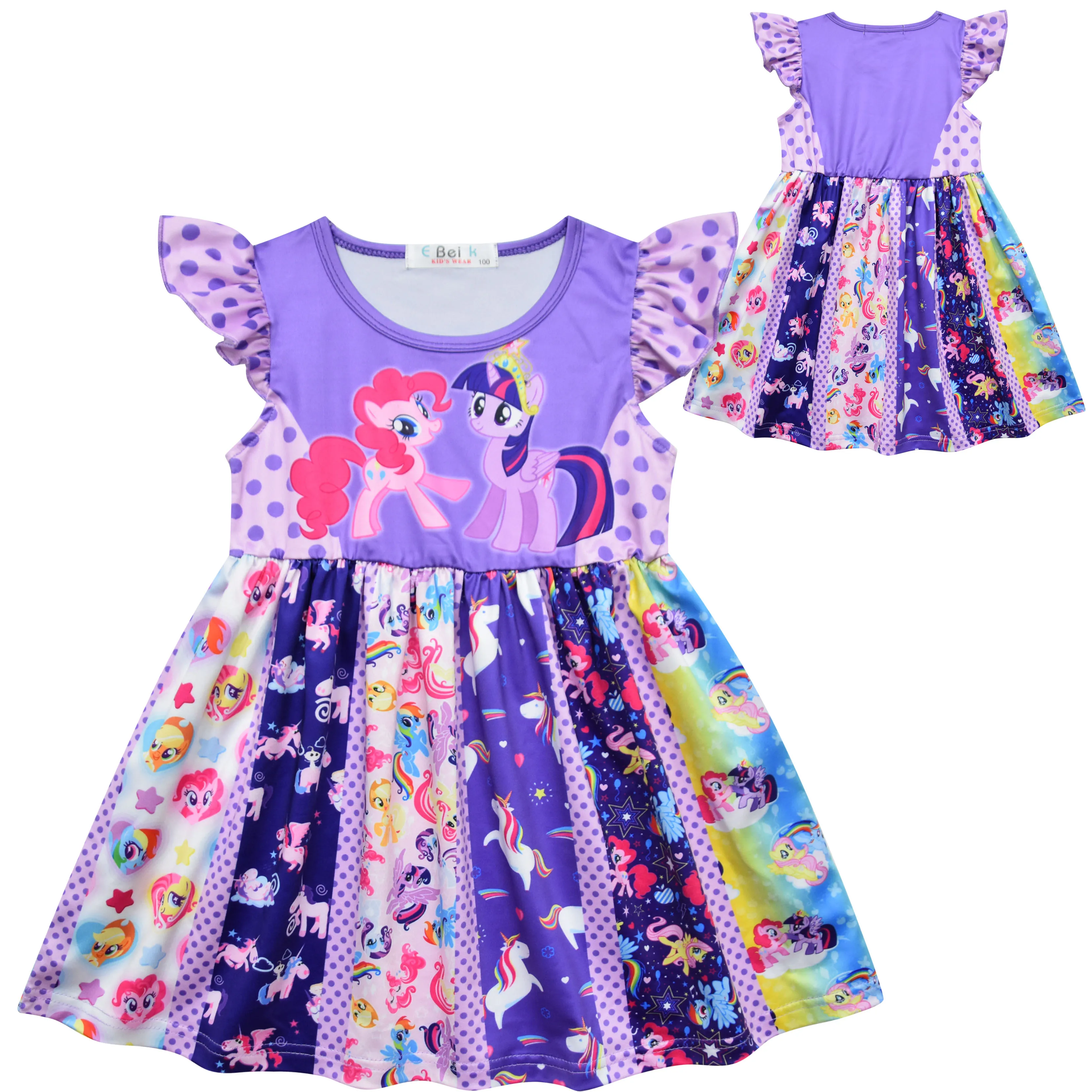 

New Children's Clothing Ruffled Sleeve Cartoon Print Princess Unicorn Girl Dress Knee Length