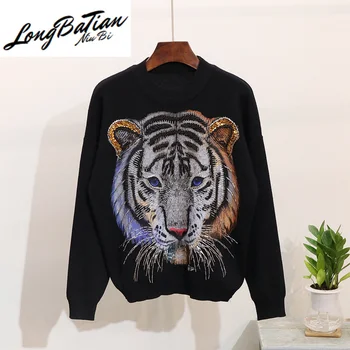 

Autumn Knitted Sweater Pants Two Piece Set Casual Tiger Beading Sequins Tracksuits Women Pullover Tops Trousers Suit