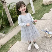 Новое платье с длинными рукавами для маленьких девочек осеннее повседневное детское платье с буквенным принтом Сетчатое праздничное платье принцессы детская одежда от 1 до 7 лет, Vestidos