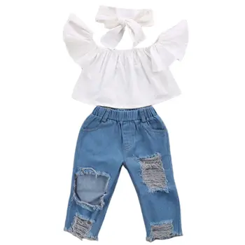 

Spring And Summer Fashion Children'S Clothes Set Hair Band + Hole Jeans + Tube Top Three-Piece Suit For Girls