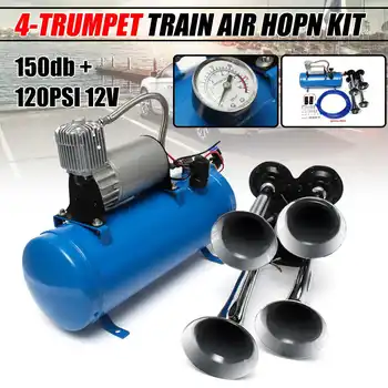 

120 PSI 4 Trumpet Car Air Train Chrome Horn Blue 12V/24V Compressor Tubing Kit 125-150dB 6L For Vehicle Truck Campers