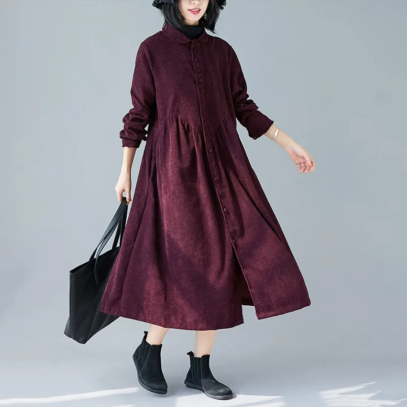 Женское вельветовое платье на пуговицах с длинным рукавом | Женская одежда