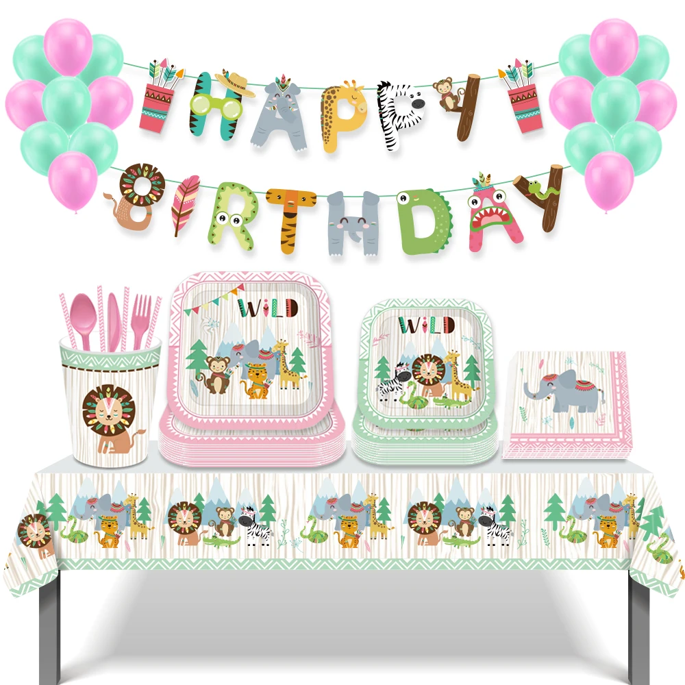 

Safari Cartoon Indian Animals Wild One Birthday Party Disposable Tableware Sets Tablecovers Banner Baby Shower Party Decorations