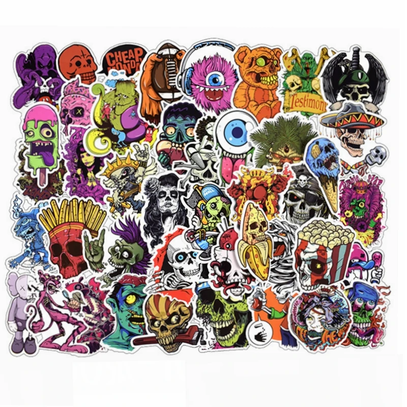 

50PCS PVC Waterproof Mixed Horror Skull Stickers for Laptop Motorcycle Car Styling Luggage Phone Vinyl Decals DIY Terror Sticker