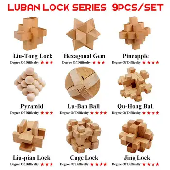 

9Pcs New Design IQ Brain Teaser Beech Kong-Ming Lock 3D Wooden Interlocking Burr Puzzles Game Toy Bamboo Small Size For Kids