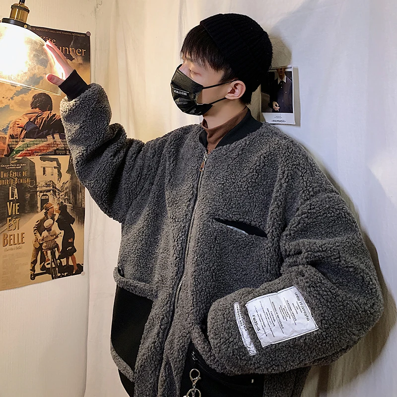 Winter Lamb Hair Jacket Men's Warm Thick Fashion Parka Men Cross Color Casual Baseball Collar Coat Man Wild Loose Cotton Jacket