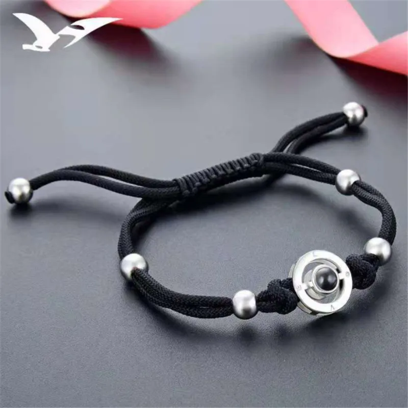 I Love You 100 Languages Memory Women Black Leather Bracelets Steel