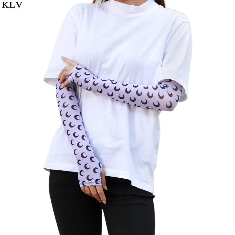 Purple Kr сладкий карамельный цвет полумесяц Печать рукава нарукавники Крышка для женщин девочек Лето Открытый Велоспорт охлаждение Защита от Солнца перчатки - Цвет: Purple