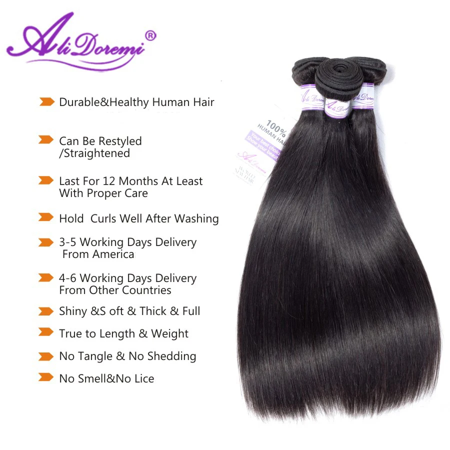  Alidoremi 5x5 closure with bundles Brazilian Straight Hair 3PCS Middle Free part 100% Human Hair No
