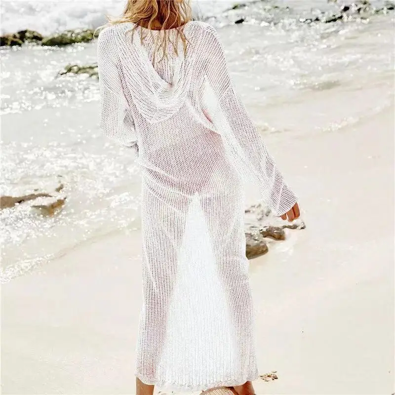Новое Элегантное трикотажное летнее пляжное платье с капюшоном, туника, вязанная крючком женская пляжная одежда, накидка, сексуальное платье с разрезом по бокам, бикини, накидка