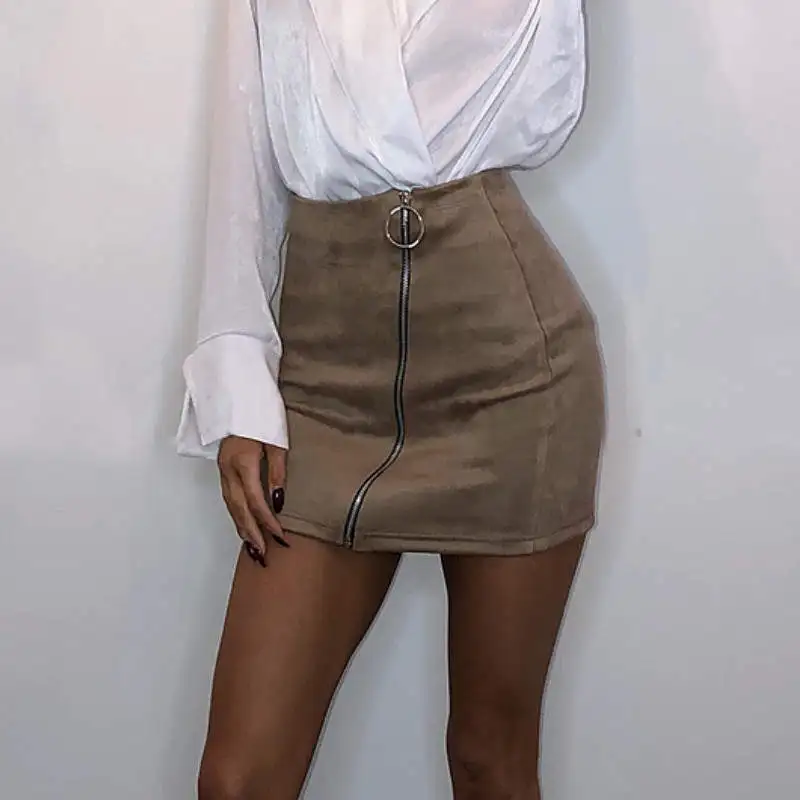 Модная Женская высокая талия на молнии облегающий однотонный обтягивающая юбка из искусственной замши кожаные мини-карандашные юбки