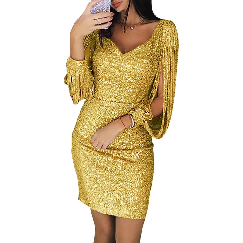 Новое модное сексуальное женское платье с v-образным вырезом, сплошные блестки в виде пайеток, блестящее облегающее мини-платье с длинным рукавом для женщин Vestidos - Цвет: Yellow