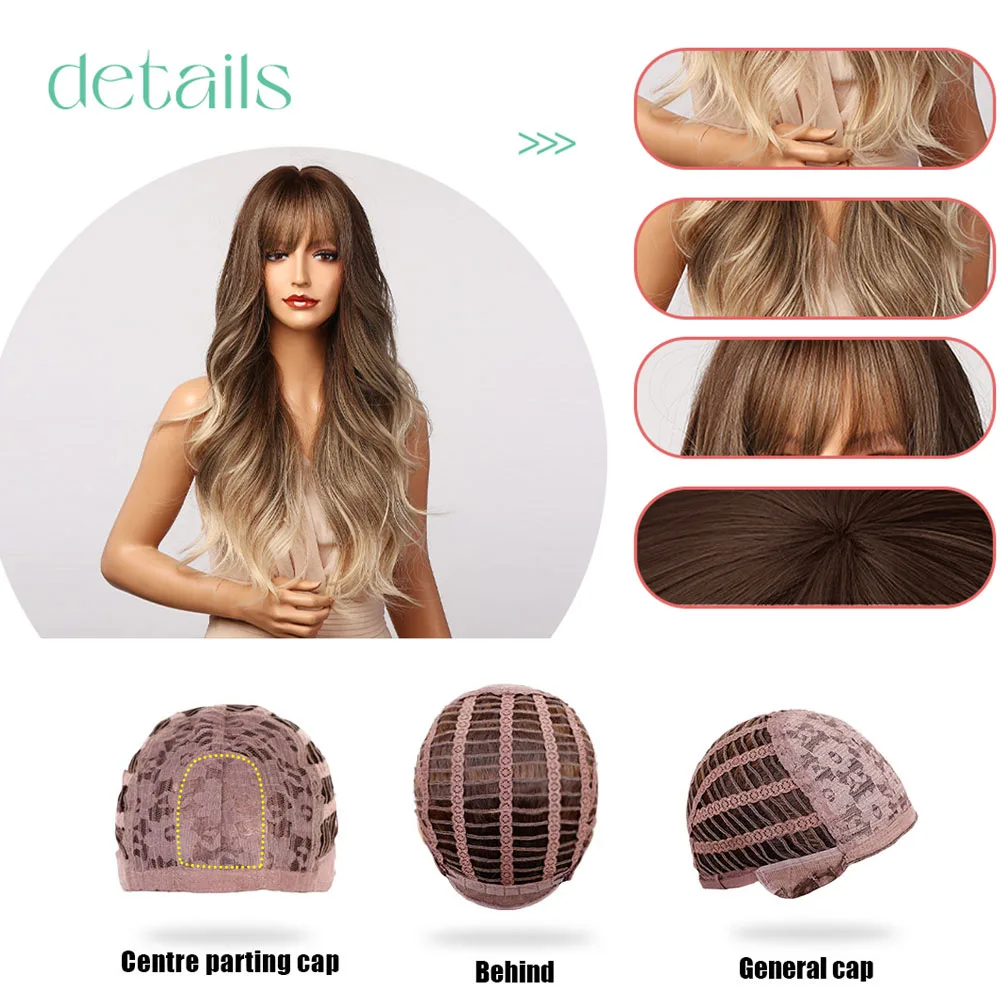 HENRY MARGU Long Brown Blonde Ombre Wavy Synthetic Wigs with Bangs Natural Hair Wigs for Women Heat Resistant Daily Cosplay Wig 2