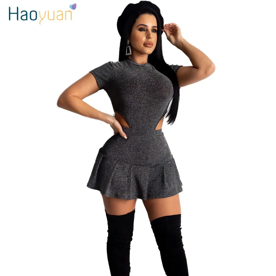 

HAOYUAN Sexy Shiny Two Piece Set Bodysuit Top and Pleated Mini Skirt Matching Sets Spring 2020 Club Birthday Outfits for Women