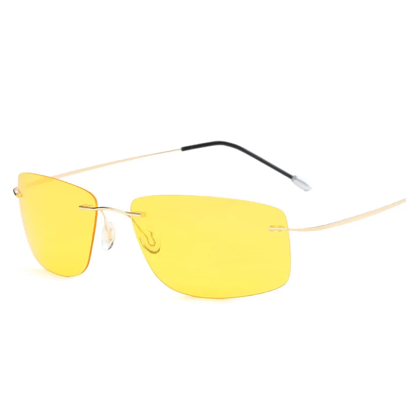 Men Ultra Light Titanium Alloy Rimless Polarized Sunglasses Man Square Blue Green Gold Mirror Yellow Night Driving Eyeglasses - Цвет линз: Yellow Lens