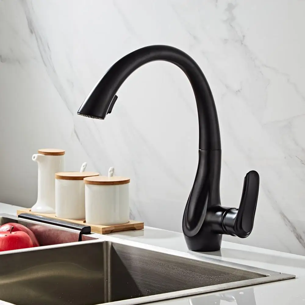 Black Finished Кухонный кран выдвижной кран-смеситель для горячей и холодной воды, кран с одной ручкой, кухонный кран wivel 360 градусов, смеситель для воды ELM118 - Цвет: Black Finished