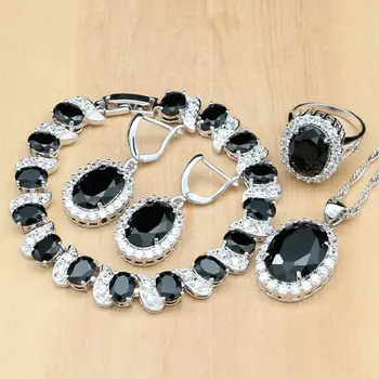 

925 Sterling Silver Jewelry Set Black Zircon Stone White CZ Decoration For Women Earrings/Pendant/Necklace/Rings/Bracelet