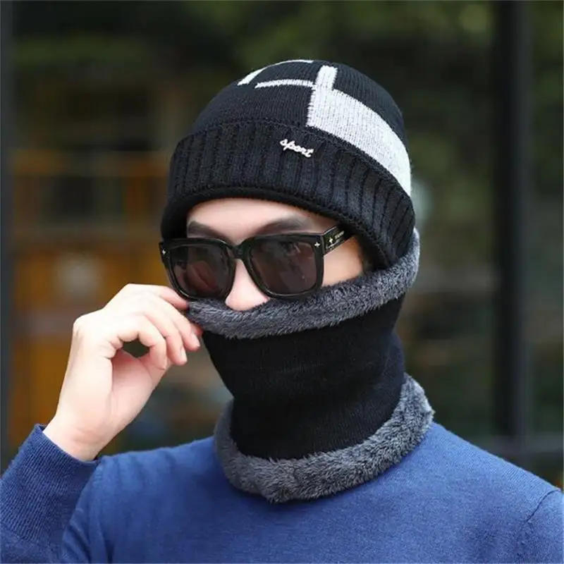 2 шт. модные зимние защитные вязанные шапочки Skullies& Beanies с шарфы-Снуды зимняя шапка для мужчин Лыжные шапки