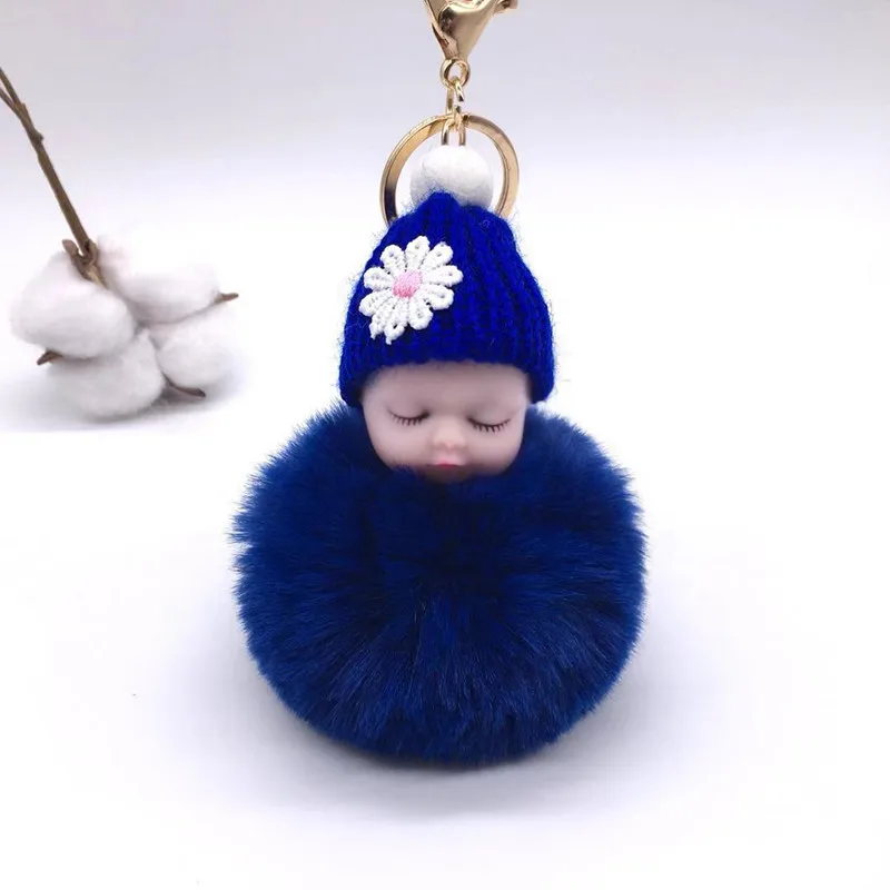 Blue Красочные спящие Детские куклы брелок цветок помпон кролик мех мяч брелок пушистый автомобиль брелок для девочек женщин сумка брелок - Цвет: Blue