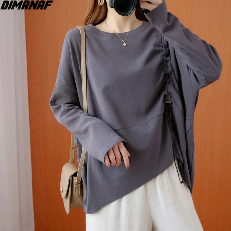 

DIMANAF 2021 Plus Size T-Shirt Autumn Soft Cotton Women Oversize Female Batwing Loose Solid Vintage 2020 New Casual Tops&Tees