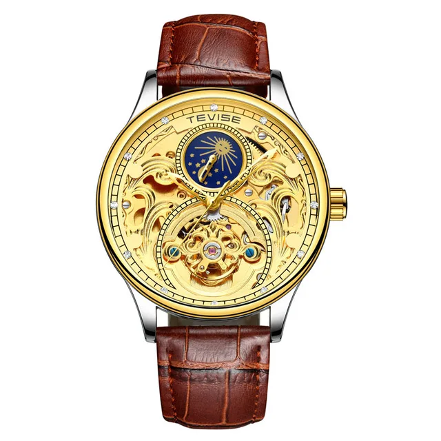 TEVISE Топ бренд класса люкс Скелет автоматические механические мужские часы модные кожаный ремешок Moon Phase спортивные водонепроницаемые наручные часы - Цвет: brown gold