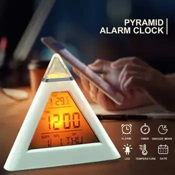 

1Pcs 7 Colors Colorful Pyramid LCD Alarm Clock Night Light Thermometer Digital Wall Clock Changeable Led Clock Home Decor