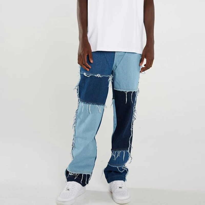 Men Wash Splice Casual Straight Tassel Patchwork Jeans Trousers Male Fashion Streetwear Loose Hip Hop Denim Full Length Pants | Мужская