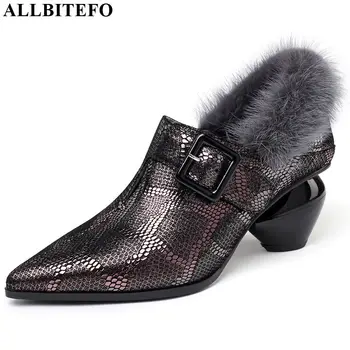 

ALLBITEFO hot sale genuine leather+Marten hair fashion women heels Belt buckle kitten heels Autumn Winter high heel shoes